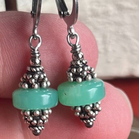 Green Jade Earrings, Silver, Boho Gemstone Earrings - Picture 5 of 5